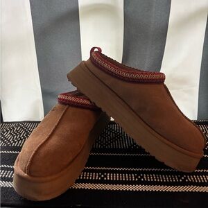 UGG Tazz Brown Slip-On Shoes with Red Trim
